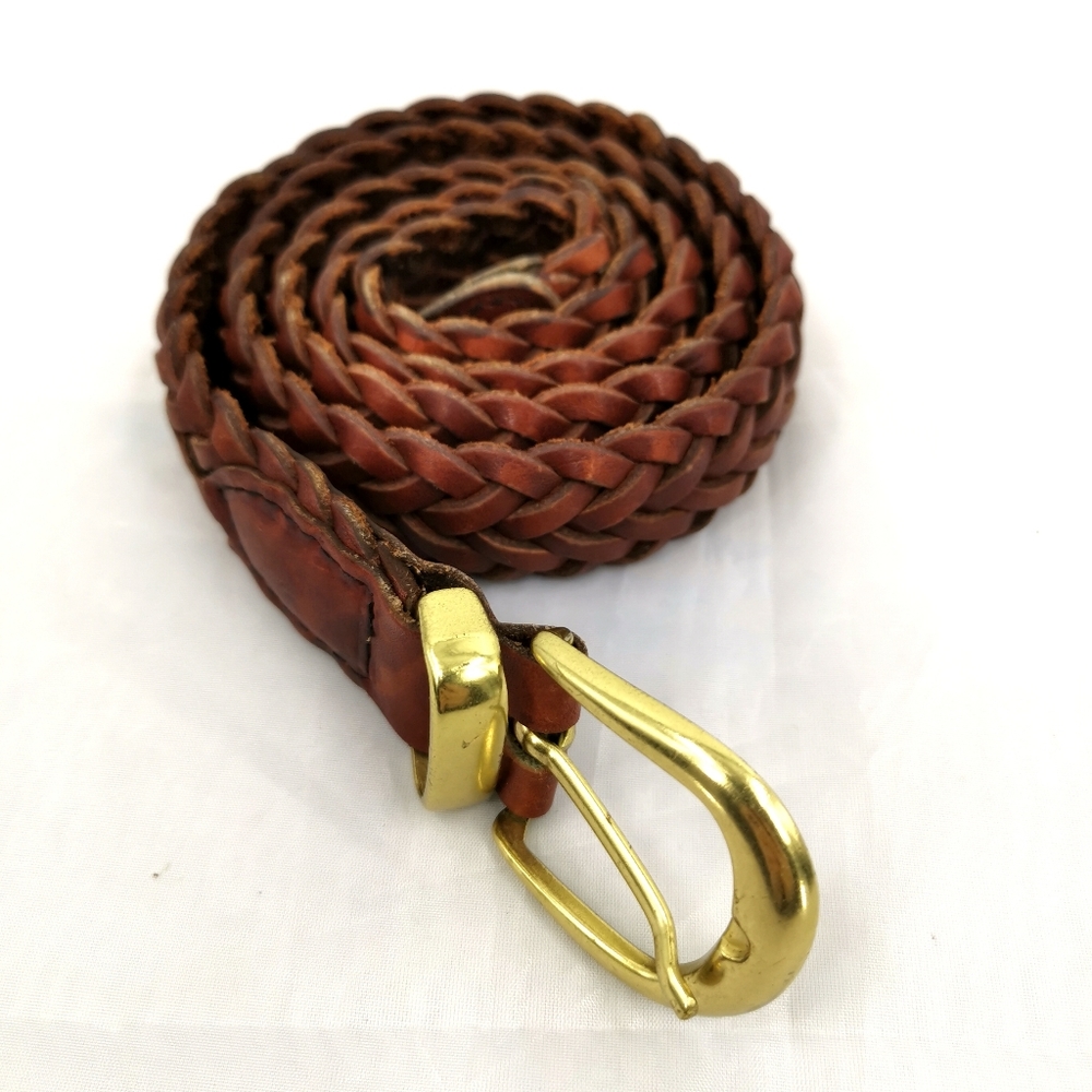 *SOLD* Unisex 36 Brown Leather Braided Belt Gold - Picture 7 of 11
